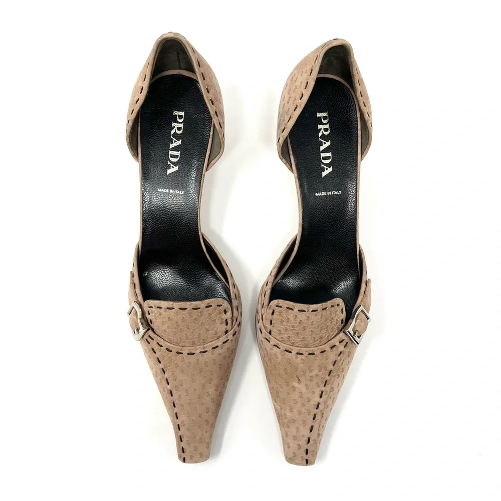 Vintage Prada 90s Y2K Tan Brown Beige Buckle Kitten Heels Pumps Shoes 37.5 7.5